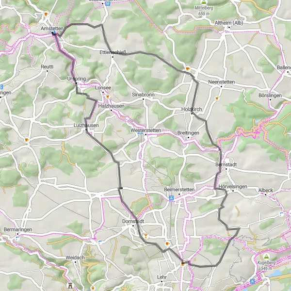 Map miniature of "Amstetten Circuit" cycling inspiration in Tübingen, Germany. Generated by Tarmacs.app cycling route planner
