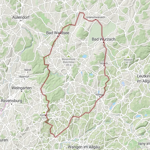 Map miniature of "Waldburg Gravel Challenge" cycling inspiration in Tübingen, Germany. Generated by Tarmacs.app cycling route planner