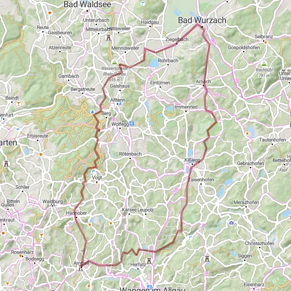 Map miniature of "Amtzell Gravel Discovery" cycling inspiration in Tübingen, Germany. Generated by Tarmacs.app cycling route planner