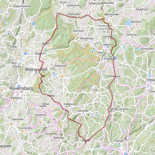 Map miniature of "Amtzell Gravel Adventure" cycling inspiration in Tübingen, Germany. Generated by Tarmacs.app cycling route planner