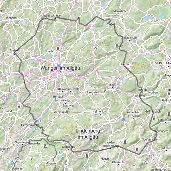 Map miniature of "Lake-Constance Hilly Loop" cycling inspiration in Tübingen, Germany. Generated by Tarmacs.app cycling route planner