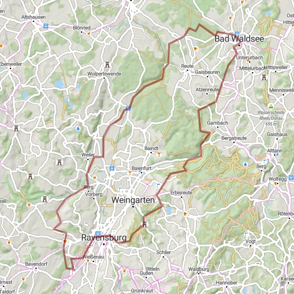 Map miniature of "Bad Waldsee Gravel Adventure" cycling inspiration in Tübingen, Germany. Generated by Tarmacs.app cycling route planner