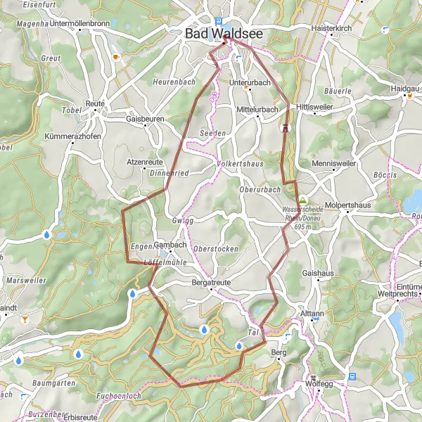 Map miniature of "Gravel Route around Bad Waldsee" cycling inspiration in Tübingen, Germany. Generated by Tarmacs.app cycling route planner