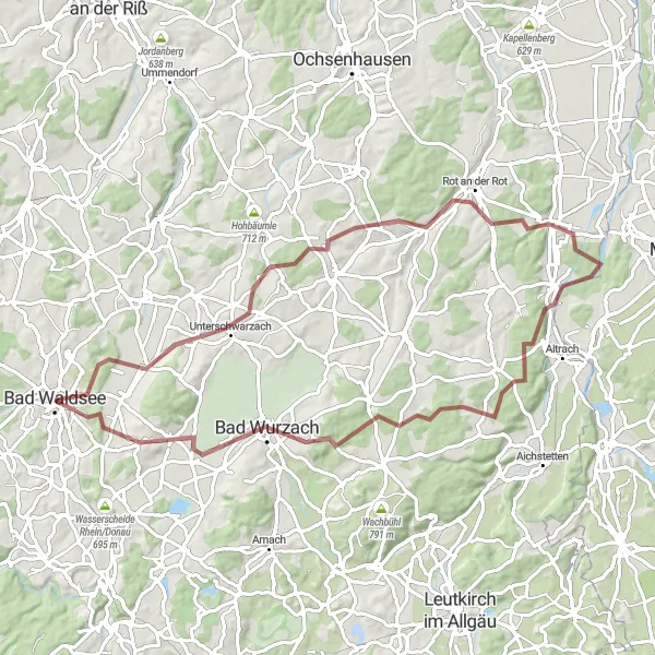 Map miniature of "Extended Gravel Route to Bad Wurzach" cycling inspiration in Tübingen, Germany. Generated by Tarmacs.app cycling route planner