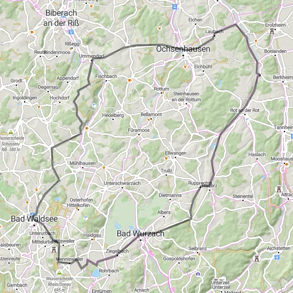 Map miniature of "Road Cycling Paradise: Bad Waldsee Loop" cycling inspiration in Tübingen, Germany. Generated by Tarmacs.app cycling route planner