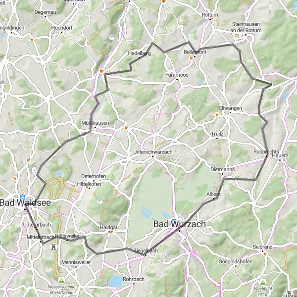 Map miniature of "The Wurzach Adventure Route" cycling inspiration in Tübingen, Germany. Generated by Tarmacs.app cycling route planner