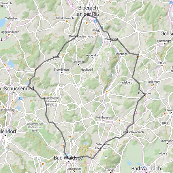 Karten-Miniaturansicht der Radinspiration "Radtour durch Biberach und Hohbäumle" in Tübingen, Germany. Erstellt vom Tarmacs.app-Routenplaner für Radtouren