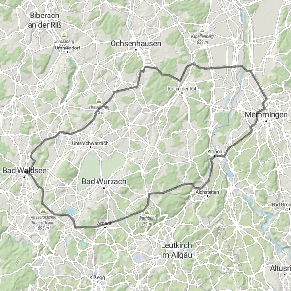 Map miniature of "Road Cycling Adventure to Aitrach" cycling inspiration in Tübingen, Germany. Generated by Tarmacs.app cycling route planner