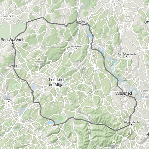 Karten-Miniaturansicht der Radinspiration "Road-Tour durch Aitrach und Wiggensbach" in Tübingen, Germany. Erstellt vom Tarmacs.app-Routenplaner für Radtouren