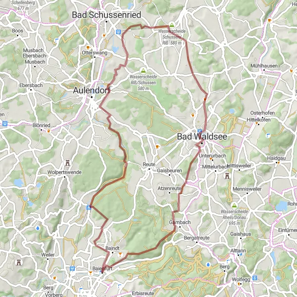 Map miniature of "Baienfurt to Baindt Gravel Route" cycling inspiration in Tübingen, Germany. Generated by Tarmacs.app cycling route planner