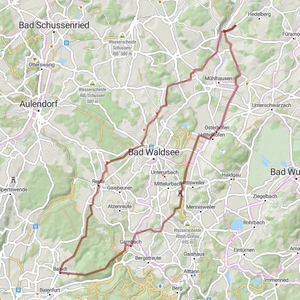 Karten-Miniaturansicht der Radinspiration "Gravel-Tour durch Waldsee und Neuwaldsee" in Tübingen, Germany. Erstellt vom Tarmacs.app-Routenplaner für Radtouren
