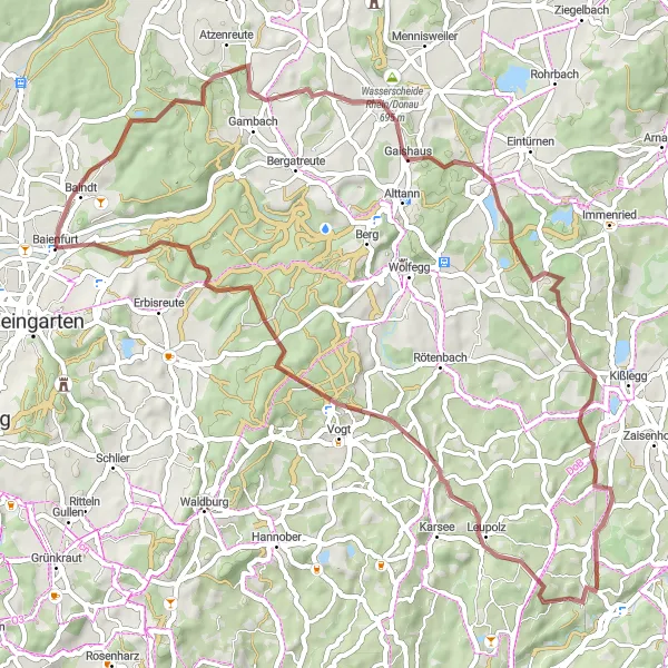 Karten-Miniaturansicht der Radinspiration "Gravel-Tour rund um Baienfurt" in Tübingen, Germany. Erstellt vom Tarmacs.app-Routenplaner für Radtouren