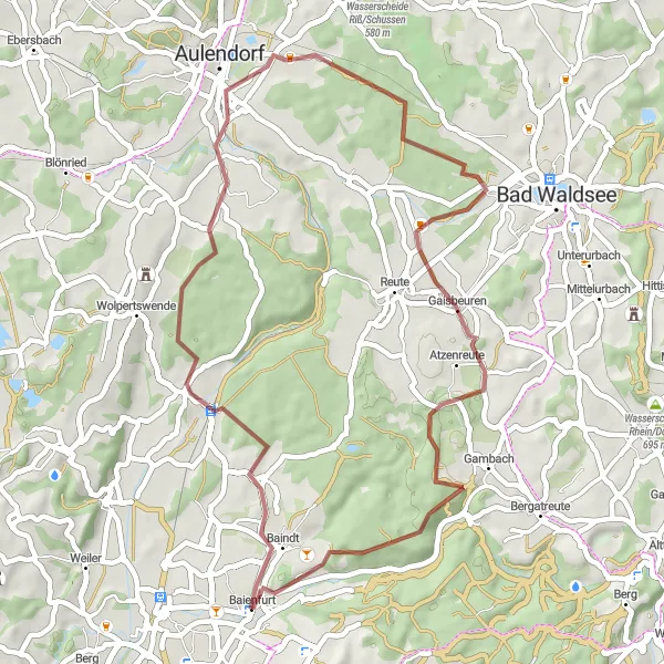 Karten-Miniaturansicht der Radinspiration "Kleine Gravel-Tour um Baienfurt" in Tübingen, Germany. Erstellt vom Tarmacs.app-Routenplaner für Radtouren