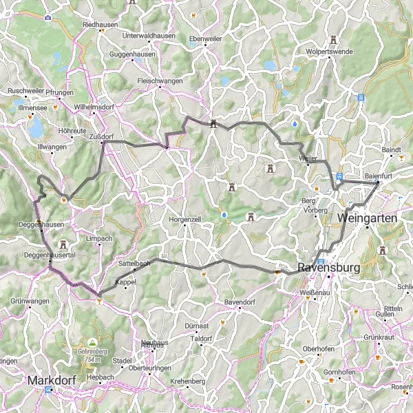Map miniature of "The Tales of Deggenhausertal" cycling inspiration in Tübingen, Germany. Generated by Tarmacs.app cycling route planner