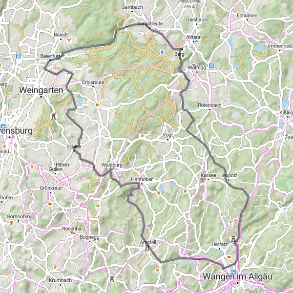 Karten-Miniaturansicht der Radinspiration "Rundtour durch Bergatreute und Kohlenberg" in Tübingen, Germany. Erstellt vom Tarmacs.app-Routenplaner für Radtouren
