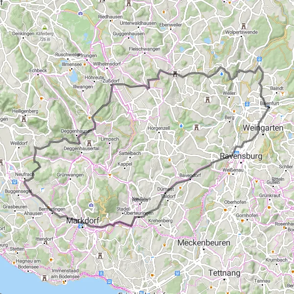 Karten-Miniaturansicht der Radinspiration "Panorama-Tour um Höchsten und Blitzenreute" in Tübingen, Germany. Erstellt vom Tarmacs.app-Routenplaner für Radtouren