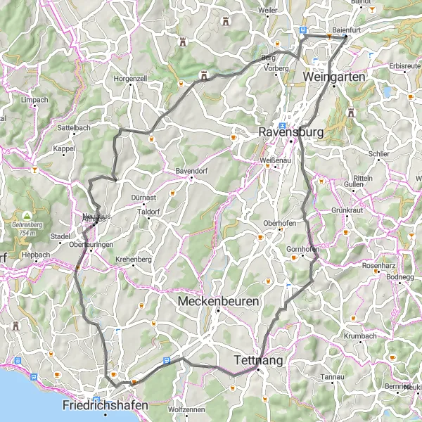 Map miniature of "The Road to Tettnang" cycling inspiration in Tübingen, Germany. Generated by Tarmacs.app cycling route planner