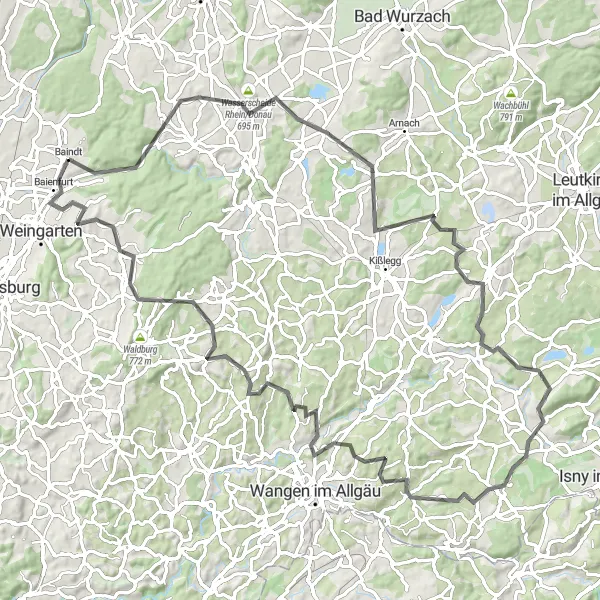 Karten-Miniaturansicht der Radinspiration "Radtour von Baienfurt nach Ruine Prassberg über Enkenhofen und Eisenharz" in Tübingen, Germany. Erstellt vom Tarmacs.app-Routenplaner für Radtouren