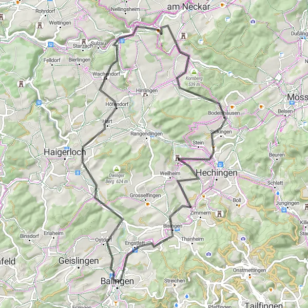 Map miniature of "The Balingen Roundabout" cycling inspiration in Tübingen, Germany. Generated by Tarmacs.app cycling route planner