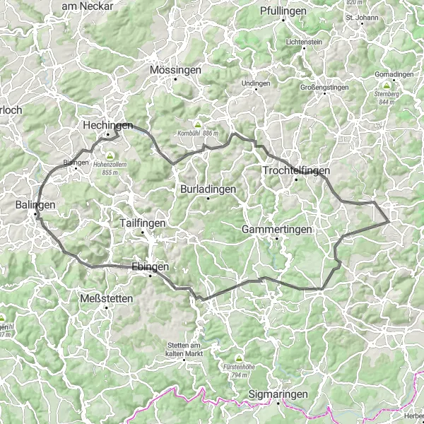 Map miniature of "The Hohenzollern Circuit" cycling inspiration in Tübingen, Germany. Generated by Tarmacs.app cycling route planner