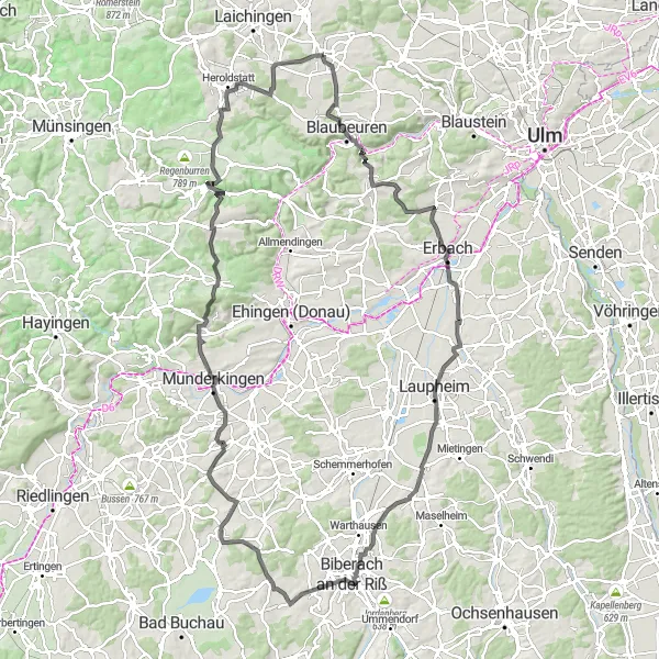 Map miniature of "The Danube Delight" cycling inspiration in Tübingen, Germany. Generated by Tarmacs.app cycling route planner