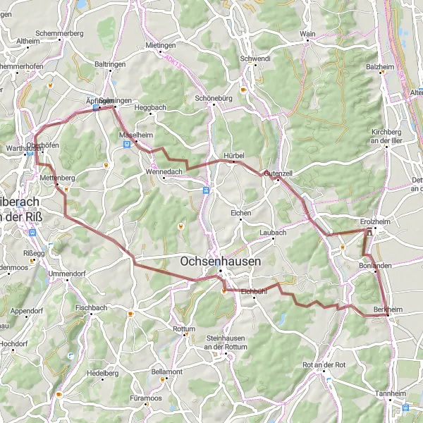 Map miniature of "The Erlenmoos Gravel Adventure" cycling inspiration in Tübingen, Germany. Generated by Tarmacs.app cycling route planner