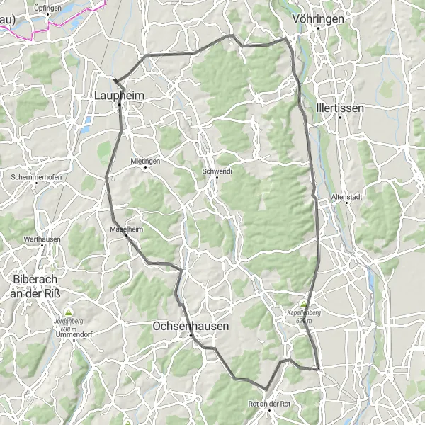 Map miniature of "The Ochsenhausen Road Adventure" cycling inspiration in Tübingen, Germany. Generated by Tarmacs.app cycling route planner