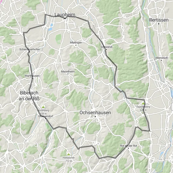 Map miniature of "The Rot an der Rot Road Adventure" cycling inspiration in Tübingen, Germany. Generated by Tarmacs.app cycling route planner