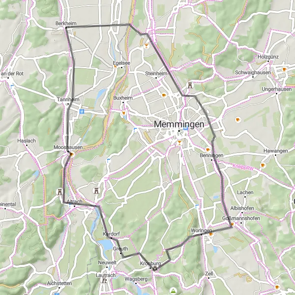 Map miniature of "Memmingerberg Loop" cycling inspiration in Tübingen, Germany. Generated by Tarmacs.app cycling route planner