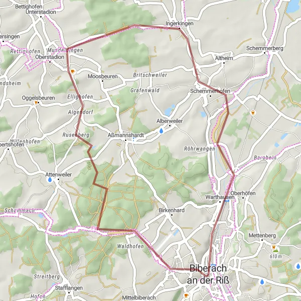 Map miniature of "Biberach Loop Gravel Adventure" cycling inspiration in Tübingen, Germany. Generated by Tarmacs.app cycling route planner