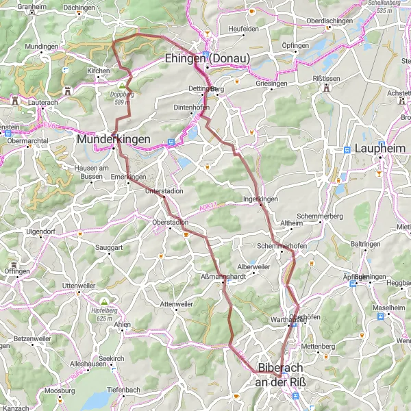 Map miniature of "Biberach an der Riß - Warthausen Gravel Adventure" cycling inspiration in Tübingen, Germany. Generated by Tarmacs.app cycling route planner