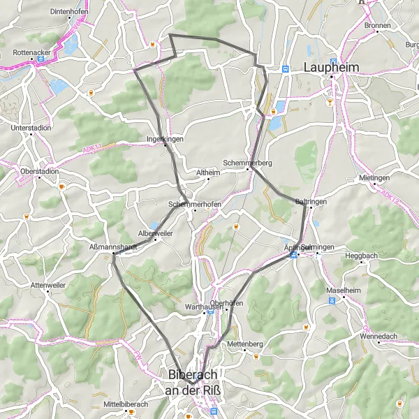 Map miniature of "Biberach an der Riß - Untersulmetingen Loop" cycling inspiration in Tübingen, Germany. Generated by Tarmacs.app cycling route planner
