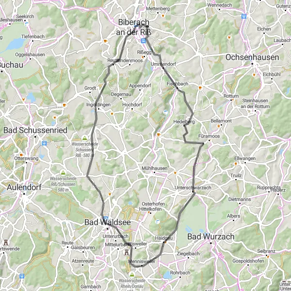 Map miniature of "Scenic Bike Route to Biberach an der Riß" cycling inspiration in Tübingen, Germany. Generated by Tarmacs.app cycling route planner