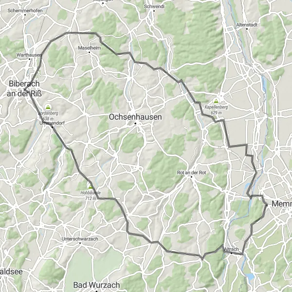 Map miniature of "Biberach an der Riß - Kreuzberg Adventure" cycling inspiration in Tübingen, Germany. Generated by Tarmacs.app cycling route planner