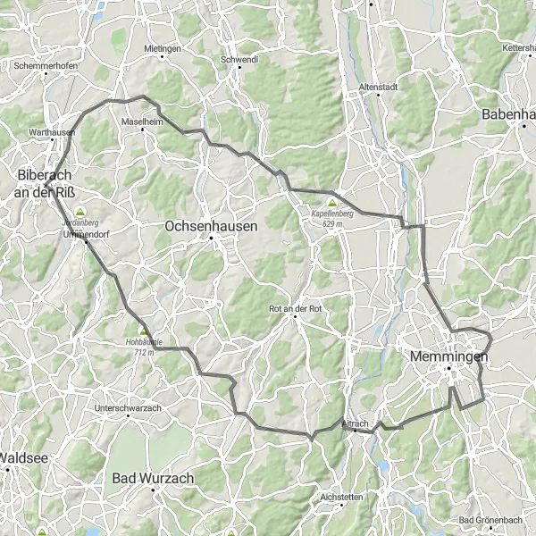 Map miniature of "Biberach an der Riß - Hohbäumle Loop" cycling inspiration in Tübingen, Germany. Generated by Tarmacs.app cycling route planner