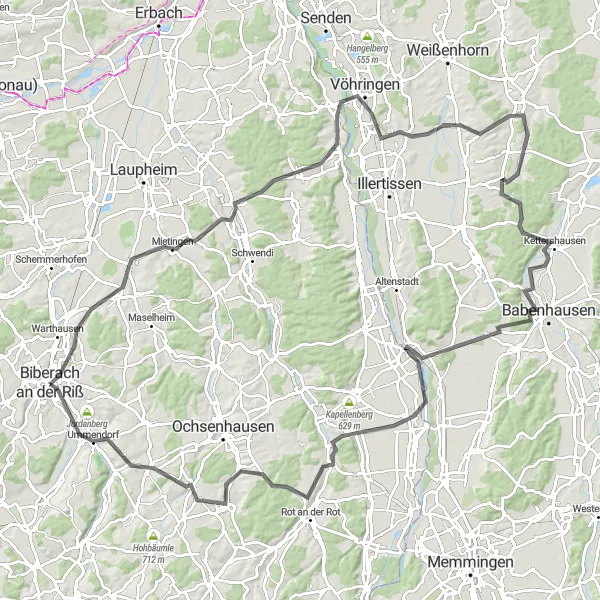 Map miniature of "Biberach an der Riß Circuit" cycling inspiration in Tübingen, Germany. Generated by Tarmacs.app cycling route planner