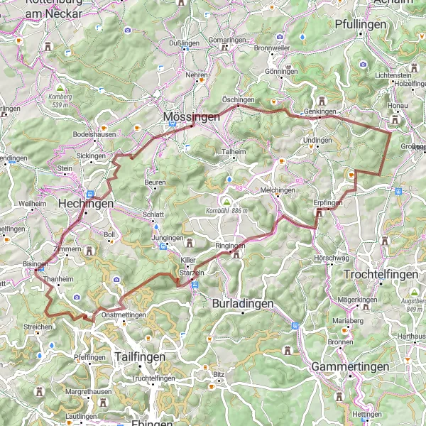 Map miniature of "Bisingen-Tirolerkopf-Bolberg-Schloss Lichtenstein-Ruine Hohenerpfingen-Mannenberg-Onstmettingen-Heuberg-Steinhofen" cycling inspiration in Tübingen, Germany. Generated by Tarmacs.app cycling route planner