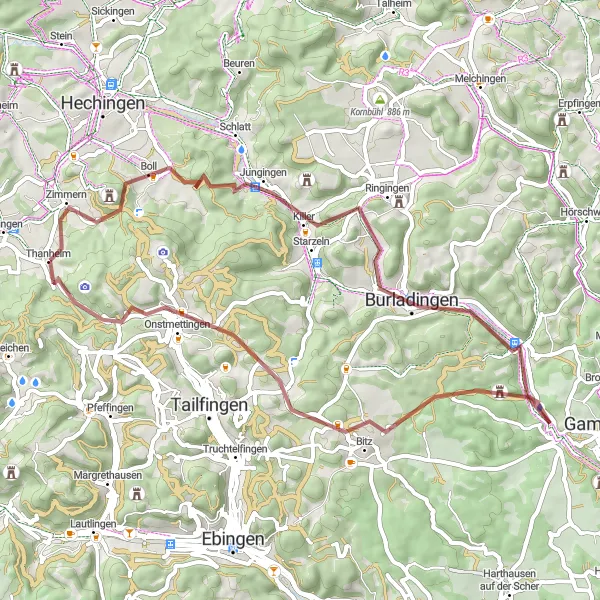 Map miniature of "Bisingen-Hohenzollern-Jungingen-Burladingen-Kreuzfelsen-Hochbergkapelle-Bitz-Onstmettingen-Heuberg" cycling inspiration in Tübingen, Germany. Generated by Tarmacs.app cycling route planner