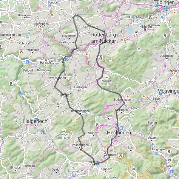 Map miniature of "Bisingen-Weiler Berg-Schloss Wachendorf-Streimberg-Rottenburg am Neckar-Kornberg-Bodelshausen-Hechingen" cycling inspiration in Tübingen, Germany. Generated by Tarmacs.app cycling route planner