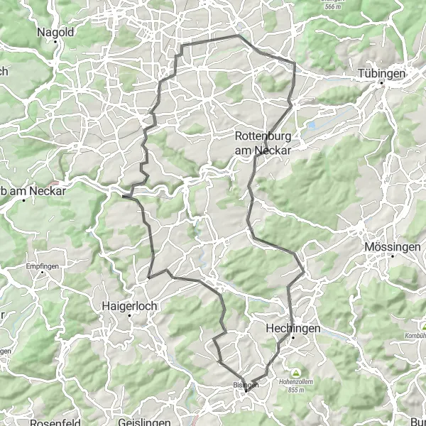 Map miniature of "Bisingen-Weiler Berg-Starzach-Bondorf-Kochhartgraben-Rottenburg am Neckar-Hohenstöffel-Hechingen" cycling inspiration in Tübingen, Germany. Generated by Tarmacs.app cycling route planner