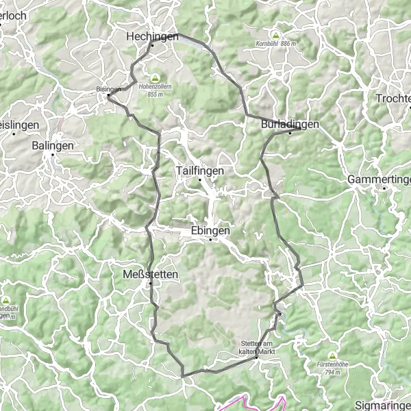 Map miniature of "The Hohenzollern Castle Loop" cycling inspiration in Tübingen, Germany. Generated by Tarmacs.app cycling route planner