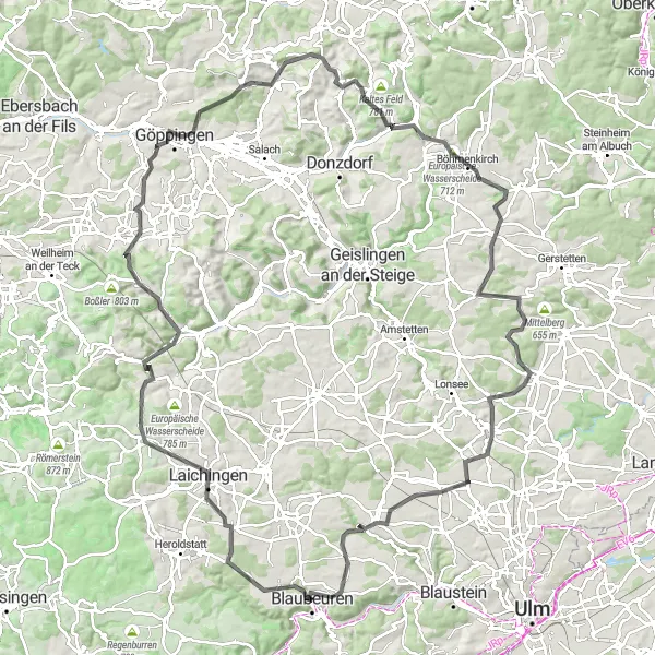 Map miniature of "Blaubeuren Mountain Challenge" cycling inspiration in Tübingen, Germany. Generated by Tarmacs.app cycling route planner