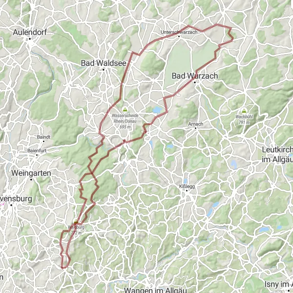Map miniature of "Exploring Waldburg and Beyond" cycling inspiration in Tübingen, Germany. Generated by Tarmacs.app cycling route planner