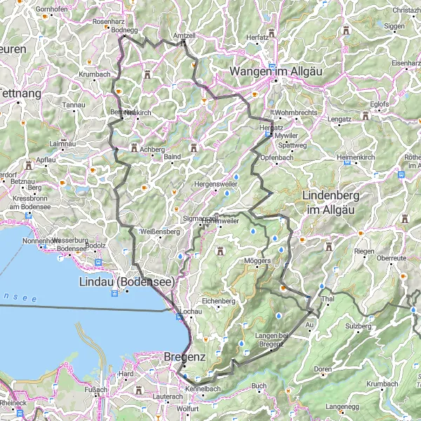 Map miniature of "The Three Castle Route" cycling inspiration in Tübingen, Germany. Generated by Tarmacs.app cycling route planner
