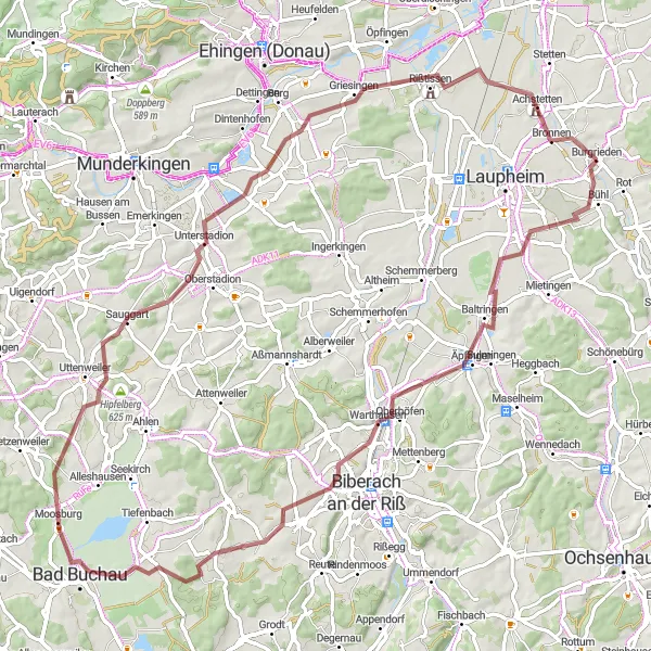 Map miniature of "Warthausen Gravel Loop" cycling inspiration in Tübingen, Germany. Generated by Tarmacs.app cycling route planner
