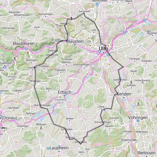 Karten-Miniaturansicht der Radinspiration "Radtour Burgrieden - Achstetten - Oberdischingen - Michelsberg - Staig - Burgrieden" in Tübingen, Germany. Erstellt vom Tarmacs.app-Routenplaner für Radtouren
