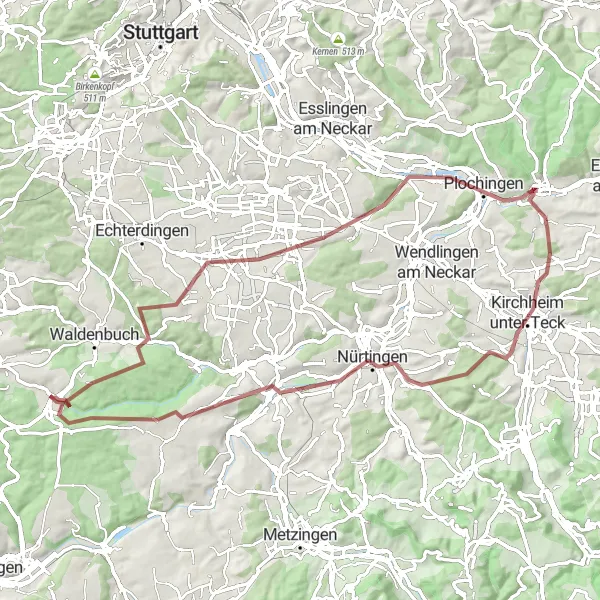 Map miniature of "The Gravel Paradise" cycling inspiration in Tübingen, Germany. Generated by Tarmacs.app cycling route planner