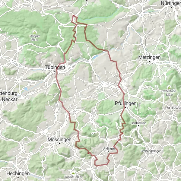 Map miniature of "Dettenhausen Loop through Dürrenberg, Sickenhausen, and Georgenberg" cycling inspiration in Tübingen, Germany. Generated by Tarmacs.app cycling route planner