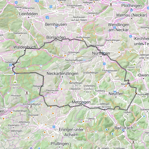 Karten-Miniaturansicht der Radinspiration "Von Waldenbuch nach Weinberg" in Tübingen, Germany. Erstellt vom Tarmacs.app-Routenplaner für Radtouren