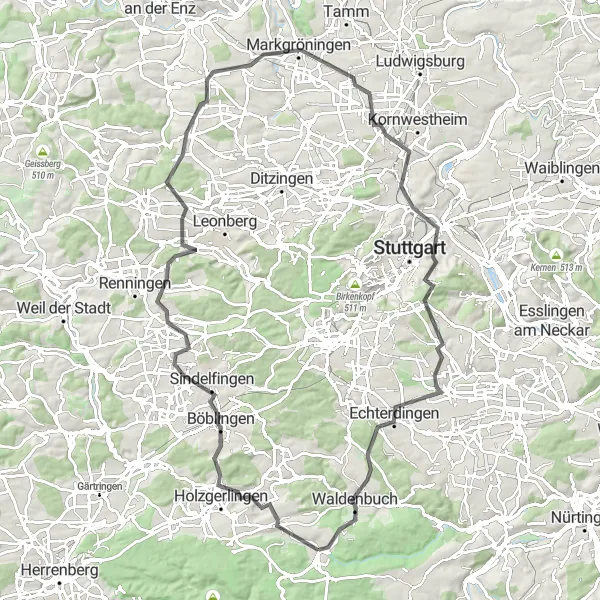 Map miniature of "The Hohenzollern Challenge" cycling inspiration in Tübingen, Germany. Generated by Tarmacs.app cycling route planner